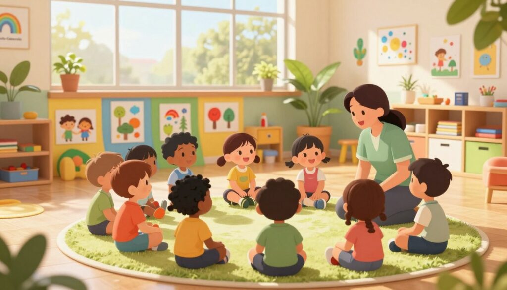 A vibrant and inclusive multicultural childcare scene in Calamvale, showcasing children of diverse backgrounds playing together in a bright, cheerful indoor space. In the foreground, a caring, well-dressed childcare provider engages with a group of children, fostering an atmosphere of joy and learning. The middle layer features colorful, educational displays highlighting various cultures, such as art and pictures from around the world. In the background, large windows allow warm sunlight to stream in, creating a welcoming environment filled with plants and children's artwork. The mood is one of harmony and collaboration, evoking a sense of community. Emphasize the branding "Koala Calamvale" subtly within the decor. Capture this scene with a soft-focus lens to enhance the warmth and friendliness of the setting.