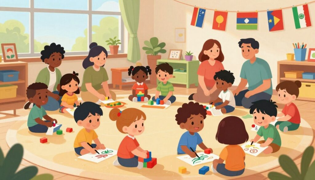 A vibrant multicultural childcare setting in Calamvale, featuring children of diverse ethnic backgrounds engaged in play and learning. In the foreground, smiling children of different ages are painting and playing with blocks, showcasing unity in diversity. In the middle ground, caregivers wearing professional casual clothing assist with activities, demonstrating warmth and inclusiveness. The background shows a colorful and welcoming classroom with cultural decorations from various countries, such as flags and art. Soft, natural lighting filters through large windows, creating a bright and cheerful atmosphere. Capture the scene from a slightly elevated angle to encompass the beauty of interaction among the children and caregivers at "Koala Calamvale". The overall mood should feel nurturing and joyful, reflecting the importance of cultural representation in early learning.