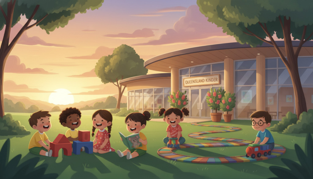 A vibrant and engaging scene depicting a Queensland kindergarten setting. In the foreground, a diverse group of joyful children of different ethnicities, aged around four to five years, are playing with colorful toys and books on a soft green lawn, wearing bright, casual clothing. The middle ground showcases a modern, welcoming kindergarten building with large windows, framed by lush trees and flowering plants, suggesting an inviting environment. In the background, the sun is setting, casting a warm golden light over the scene, enhancing the cheerful atmosphere. The overall mood is playful and nurturing, reflecting a positive learning space. The image should be bright and colorful with soft focus, capturing the essence of early childhood education in Queensland. A vibrant and engaging scene depicting a Queensland kindergarten setting. In the foreground, a diverse group of joyful children of different ethnicities, aged around four to five years, are playing with colorful toys and books on a soft green lawn, wearing bright, casual clothing. The middle ground showcases a modern, welcoming kindergarten building with large windows, framed by lush trees and flowering plants, suggesting an inviting environment. In the background, the sun is setting, casting a warm golden light over the scene, enhancing the cheerful atmosphere. The overall mood is playful and nurturing, reflecting a positive learning space. The image should be bright and colorful with soft focus, capturing the essence of early childhood education in Queensland.