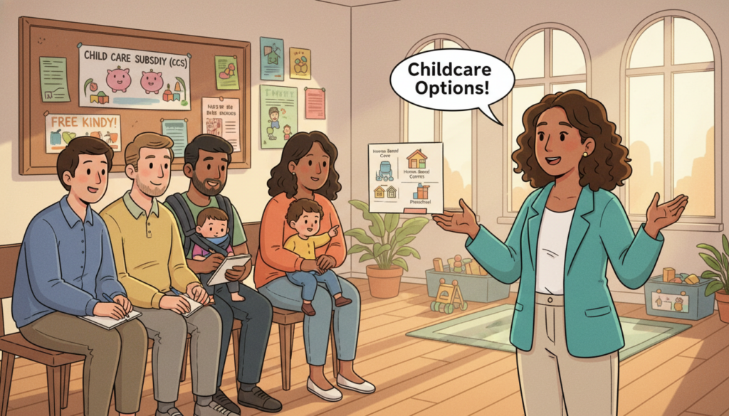 A warm and inviting scene depicting a diverse group of parents and caregivers engaged in a childcare information session in a bright, cheerful room. In the foreground, a woman in smart casual attire is animatedly explaining childcare options with visual aids, gestures emphasizing key points. Mid-ground features attentive parents, including a father and a mother with their toddler, sitting on comfortable chairs, taking notes and leaning in with interest. The background showcases a colorful bulletin board full of childcare resources and graphics about Child Care Subsidy (CCS) and free kindy options. Soft, natural light filters through large windows, illuminating the space, creating a welcoming atmosphere of collaboration and support. The camera angle captures the interaction close-up, fostering a sense of community and shared learning. A warm and inviting scene depicting a diverse group of parents and caregivers engaged in a childcare information session in a bright, cheerful room. In the foreground, a woman in smart casual attire is animatedly explaining childcare options with visual aids, gestures emphasizing key points. Mid-ground features attentive parents, including a father and a mother with their toddler, sitting on comfortable chairs, taking notes and leaning in with interest. The background showcases a colorful bulletin board full of childcare resources and graphics about Child Care Subsidy (CCS) and free kindy options. Soft, natural light filters through large windows, illuminating the space, creating a welcoming atmosphere of collaboration and support. The camera angle captures the interaction close-up, fostering a sense of community and shared learning.