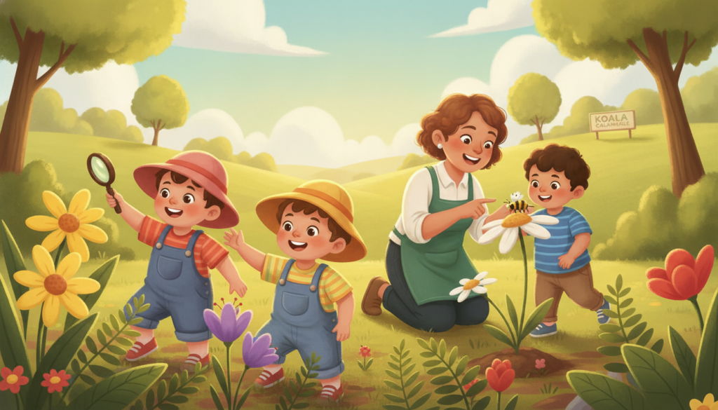 A vibrant outdoor scene at Koala Calamvale showcasing young children engaged in nature-based learning and play. In the foreground, a small group of children, dressed in colorful, modest casual clothing, are excitedly exploring a lush green garden filled with blooming spring flowers and fresh greenery. In the middle ground, an experienced educator guides another child as they observe insects on a flower, promoting curiosity and discovery. The background features a sun-drenched landscape with trees and gentle hills, bathed in warm natural light, creating an inviting and playful atmosphere. The scene captures the joy of learning outside with bright colors and soft focus, symbolizing growth and exploration. The composition should feel dynamic and lively, conveying a sense of adventure and excitement in the fresh spring air. A vibrant outdoor scene at Koala Calamvale showcasing young children engaged in nature-based learning and play. In the foreground, a small group of children, dressed in colorful, modest casual clothing, are excitedly exploring a lush green garden filled with blooming spring flowers and fresh greenery. In the middle ground, an experienced educator guides another child as they observe insects on a flower, promoting curiosity and discovery. The background features a sun-drenched landscape with trees and gentle hills, bathed in warm natural light, creating an inviting and playful atmosphere. The scene captures the joy of learning outside with bright colors and soft focus, symbolizing growth and exploration. The composition should feel dynamic and lively, conveying a sense of adventure and excitement in the fresh spring air.