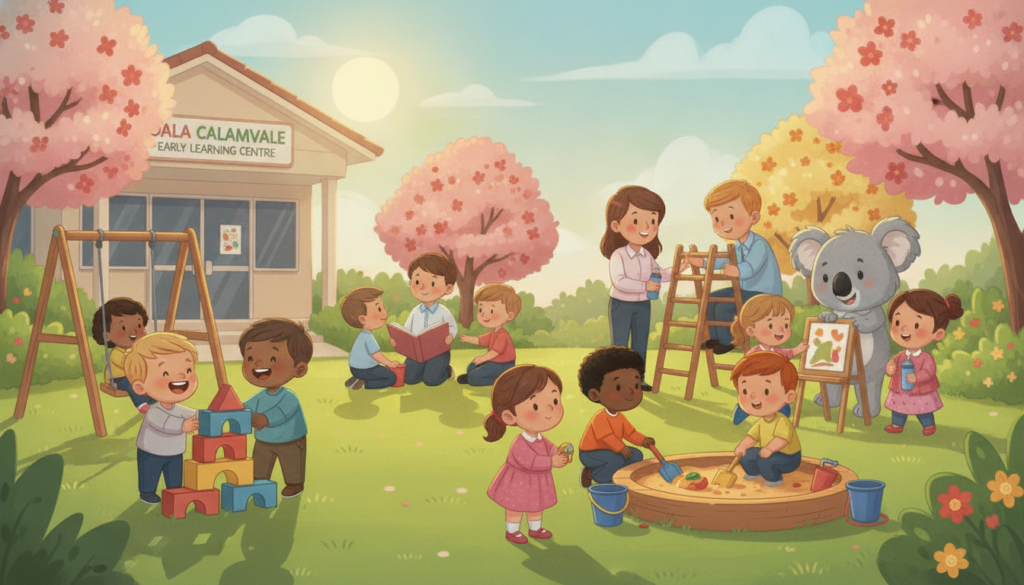 A vibrant outdoor scene depicting quality early childhood care at Koala Calamvale. In the foreground, a diverse group of children engaging in play on a sunlit grassy area, surrounded by colorful toys and playful equipment. The children, dressed in modest casual clothing, exhibit joy and curiosity as they explore. In the middle ground, attentive educators, in professional attire, are interacting with the children, ensuring a nurturing and safe environment. In the background, blossoming trees and bright flowers signify spring's arrival, with a clear blue sky overhead casting a warm light. The composition should evoke a sense of warmth, trust, and community, encapsulating the essence of quality childcare in a cheerful, inviting atmosphere. A vibrant outdoor scene depicting quality early childhood care at Koala Calamvale. In the foreground, a diverse group of children engaging in play on a sunlit grassy area, surrounded by colorful toys and playful equipment. The children, dressed in modest casual clothing, exhibit joy and curiosity as they explore. In the middle ground, attentive educators, in professional attire, are interacting with the children, ensuring a nurturing and safe environment. In the background, blossoming trees and bright flowers signify spring's arrival, with a clear blue sky overhead casting a warm light. The composition should evoke a sense of warmth, trust, and community, encapsulating the essence of quality childcare in a cheerful, inviting atmosphere.