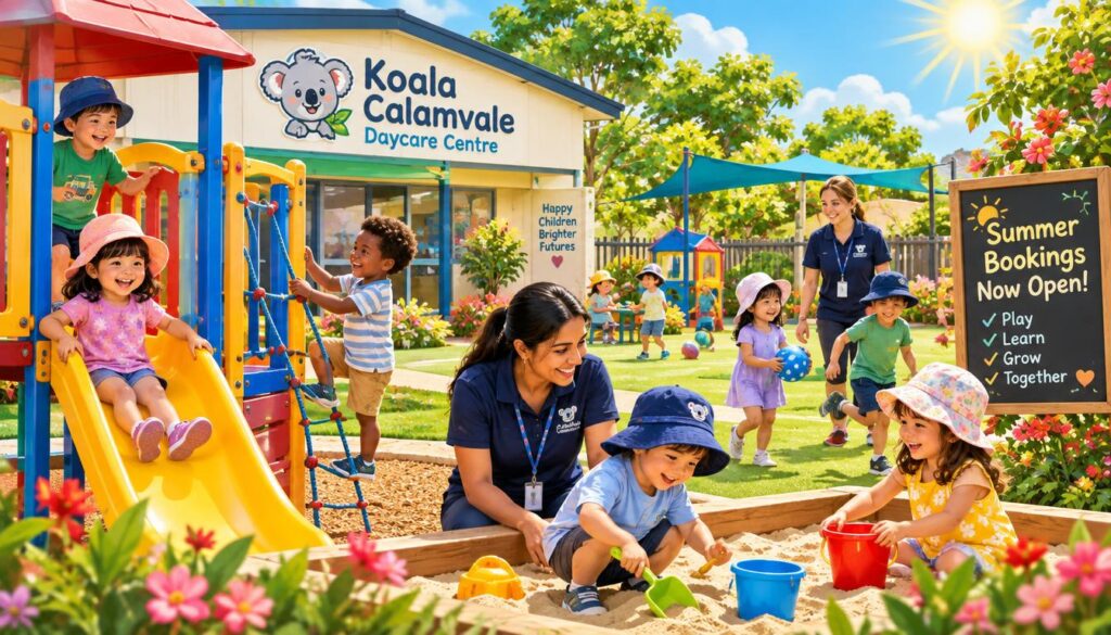 A vibrant and inviting scene at Koala Calamvale daycare center during summer, showcasing children engaging in playful activities outdoors. In the foreground, kids of diverse backgrounds are happily playing on colorful playground equipment under the warm sun, dressed in modest summer clothing. In the middle ground, cheerful caregivers, attired in professional casual outfits, are supervising and interacting with the children, fostering a nurturing atmosphere. The background features lush green trees, bright flowers, and a clear blue sky, symbolizing a safe and joyful environment. The lighting is bright and luminous, capturing the essence of a sunny day. The overall mood is upbeat and family-friendly, evoking excitement for the upcoming summer bookings. A vibrant and inviting scene at Koala Calamvale daycare center during summer, showcasing children engaging in playful activities outdoors. In the foreground, kids of diverse backgrounds are happily playing on colorful playground equipment under the warm sun, dressed in modest summer clothing. In the middle ground, cheerful caregivers, attired in professional casual outfits, are supervising and interacting with the children, fostering a nurturing atmosphere. The background features lush green trees, bright flowers, and a clear blue sky, symbolizing a safe and joyful environment. The lighting is bright and luminous, capturing the essence of a sunny day. The overall mood is upbeat and family-friendly, evoking excitement for the upcoming summer bookings.