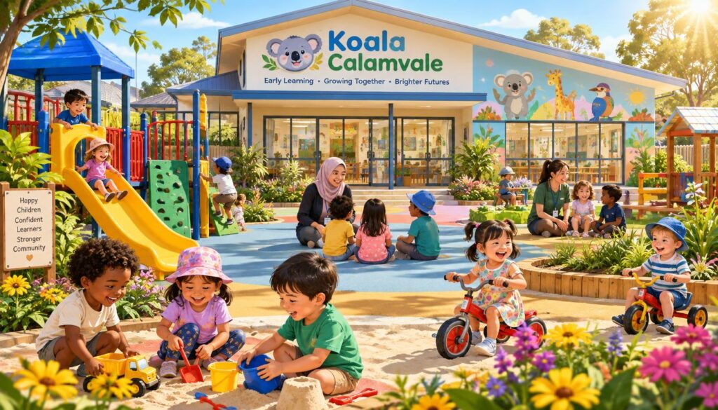 A vibrant childcare center named "Koala Calamvale" nestled in a sunny, inviting neighborhood. In the foreground, cheerful children of diverse backgrounds play joyfully in a spacious, modern playground filled with colorful equipment like slides and climbing structures. Bright flowers and greenery surround the play area, enhancing the lively atmosphere. In the middle ground, caring educators, dressed in modest casual clothing, interact with the children, fostering a nurturing environment filled with laughter. The background features a well-designed building with large windows and cheerful murals depicting animals, bathed in warm sunlight that creates a bright and welcoming mood. The scene is captured at eye level with a lens that emphasizes the joyful details, evoking a feeling of safety, community, and happiness. A vibrant childcare center named "Koala Calamvale" nestled in a sunny, inviting neighborhood. In the foreground, cheerful children of diverse backgrounds play joyfully in a spacious, modern playground filled with colorful equipment like slides and climbing structures. Bright flowers and greenery surround the play area, enhancing the lively atmosphere. In the middle ground, caring educators, dressed in modest casual clothing, interact with the children, fostering a nurturing environment filled with laughter. The background features a well-designed building with large windows and cheerful murals depicting animals, bathed in warm sunlight that creates a bright and welcoming mood. The scene is captured at eye level with a lens that emphasizes the joyful details, evoking a feeling of safety, community, and happiness.